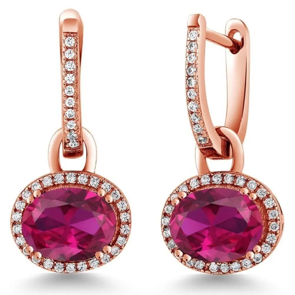 18K Rose Gold 925 with 4.84 Cttw Ruby Oval Dangling French Lock Earrings